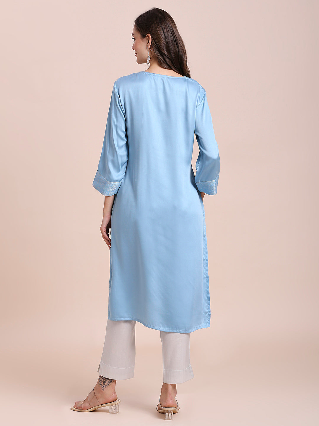 Ice Blue Modal Satin Kurta with Silver Brocade Yoke