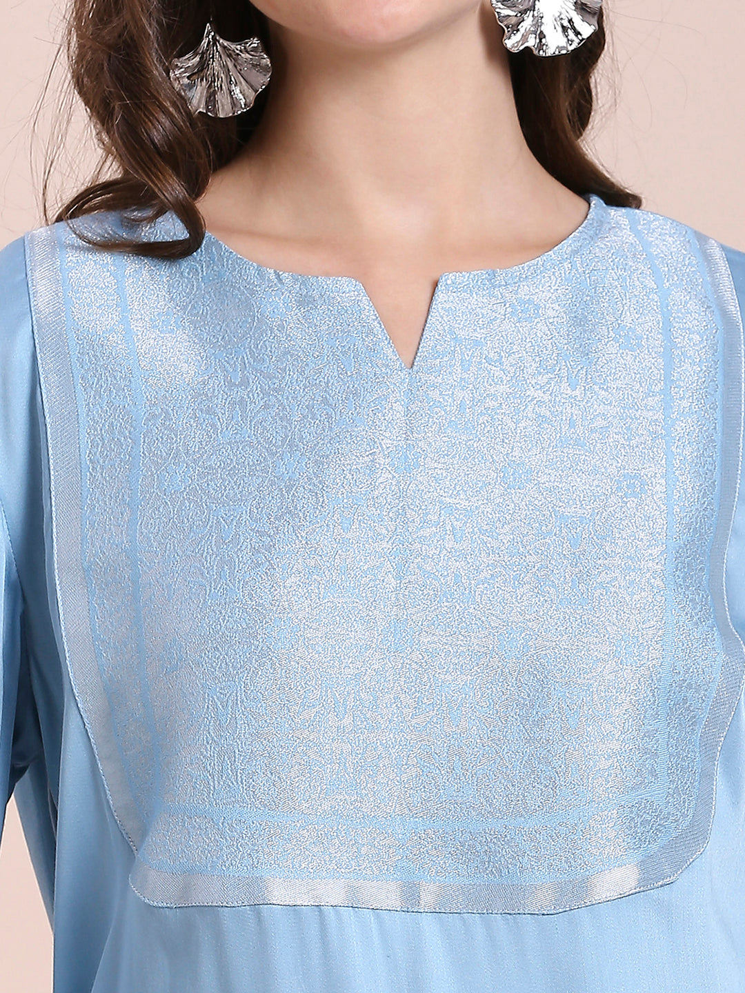 Ice Blue Modal Satin Kurta with Silver Brocade Yoke