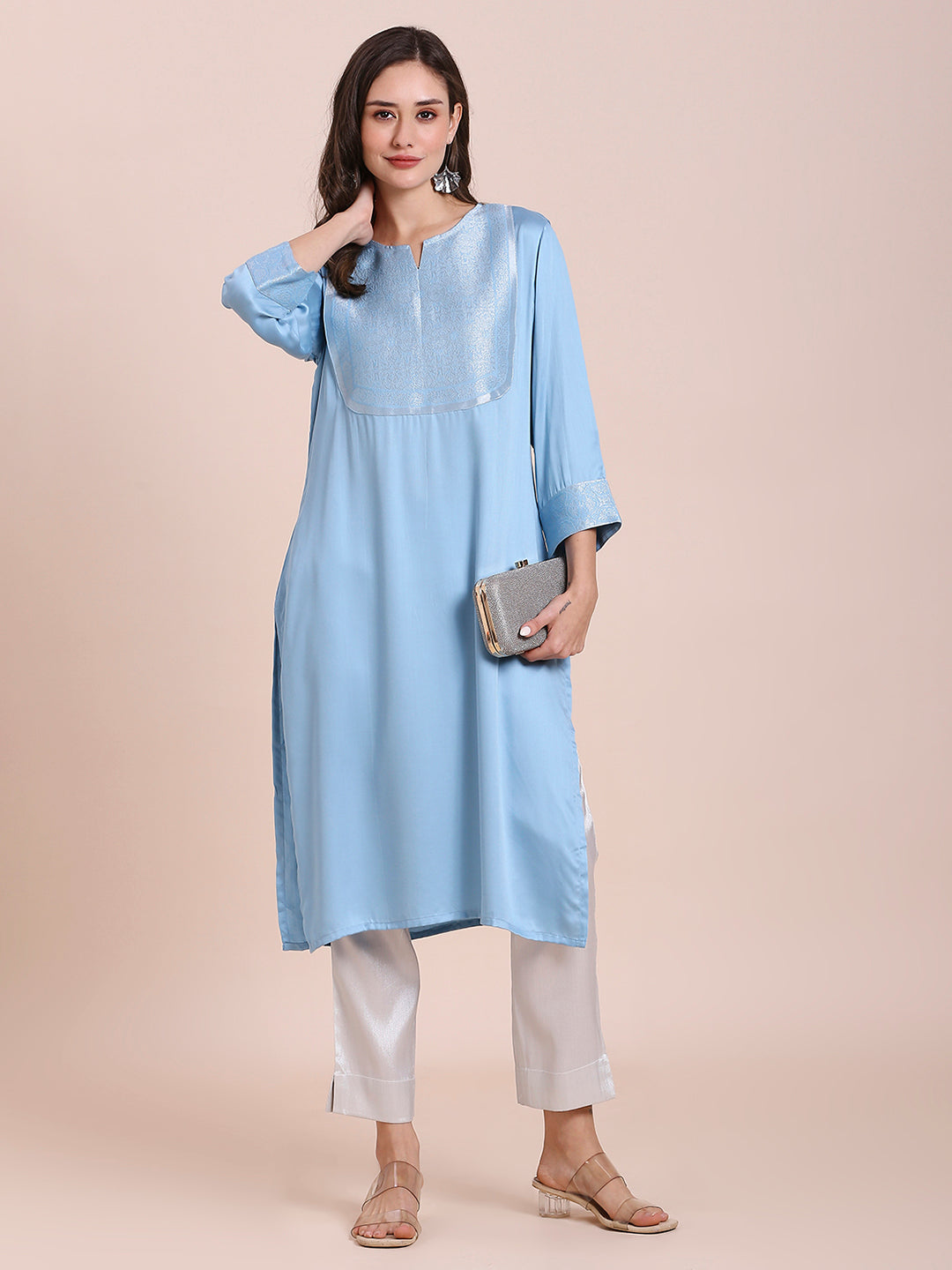 Ice Blue Modal Satin Kurta with Silver Brocade Yoke