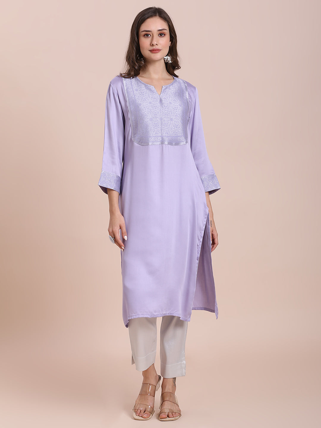 Lavender Modal Satin Kurti with Silver Brocade Yoke