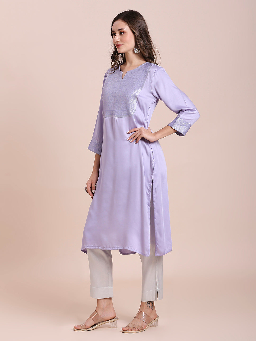 Lavender Modal Satin Kurti with Silver Brocade Yoke