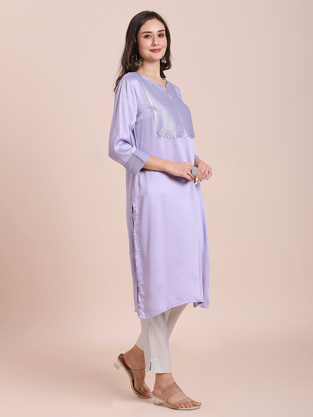 Lavender Modal Satin Kurti with Silver Brocade Yoke