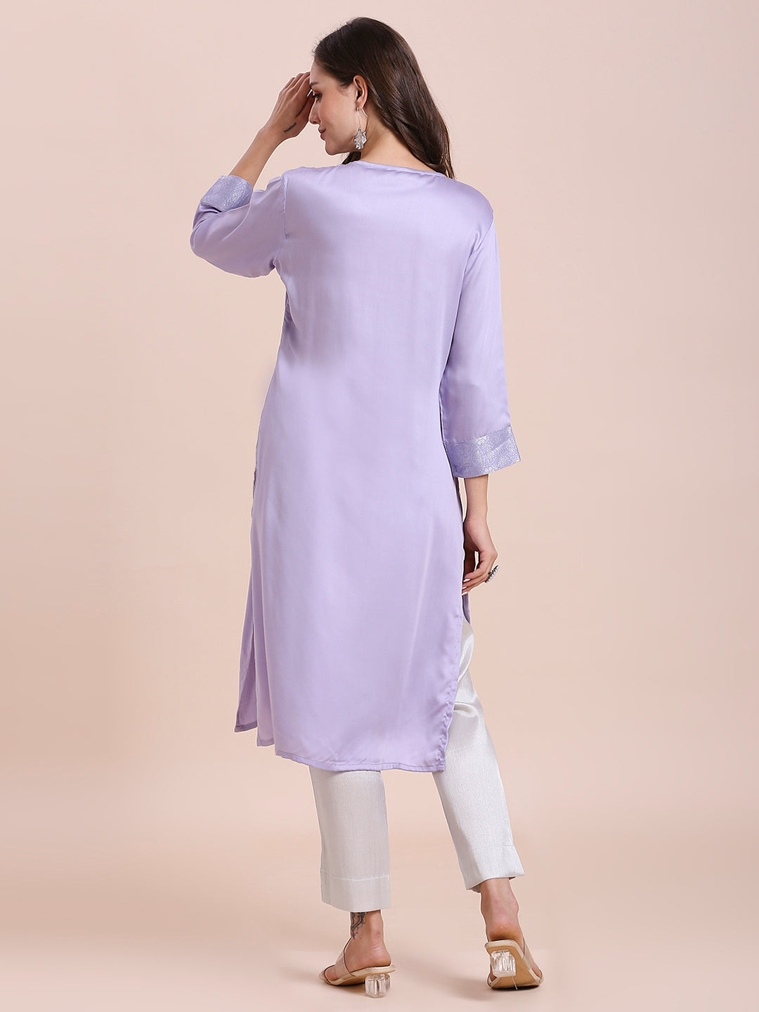 Lavender Modal Satin Kurti with Silver Brocade Yoke