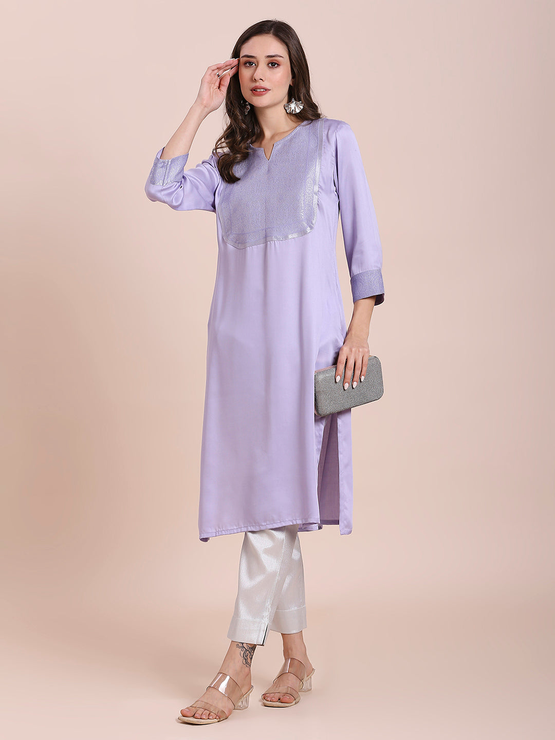Satin Lavender Kurta with Brocade Yoke