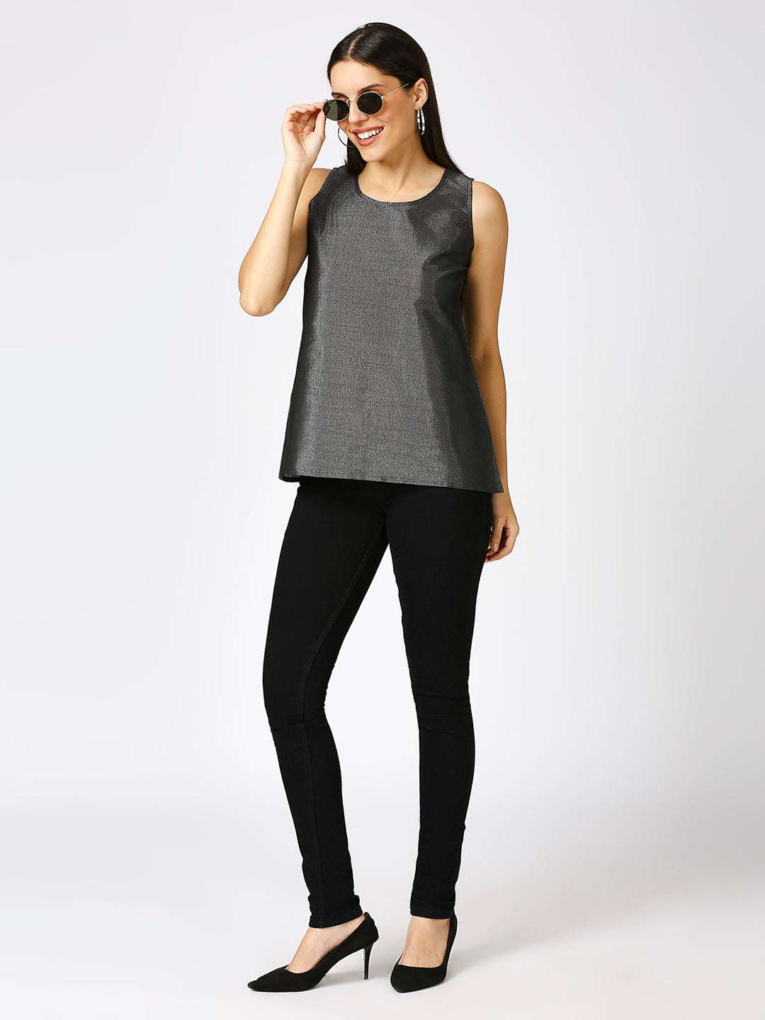 Black Silver Brocade Sleeveless Top