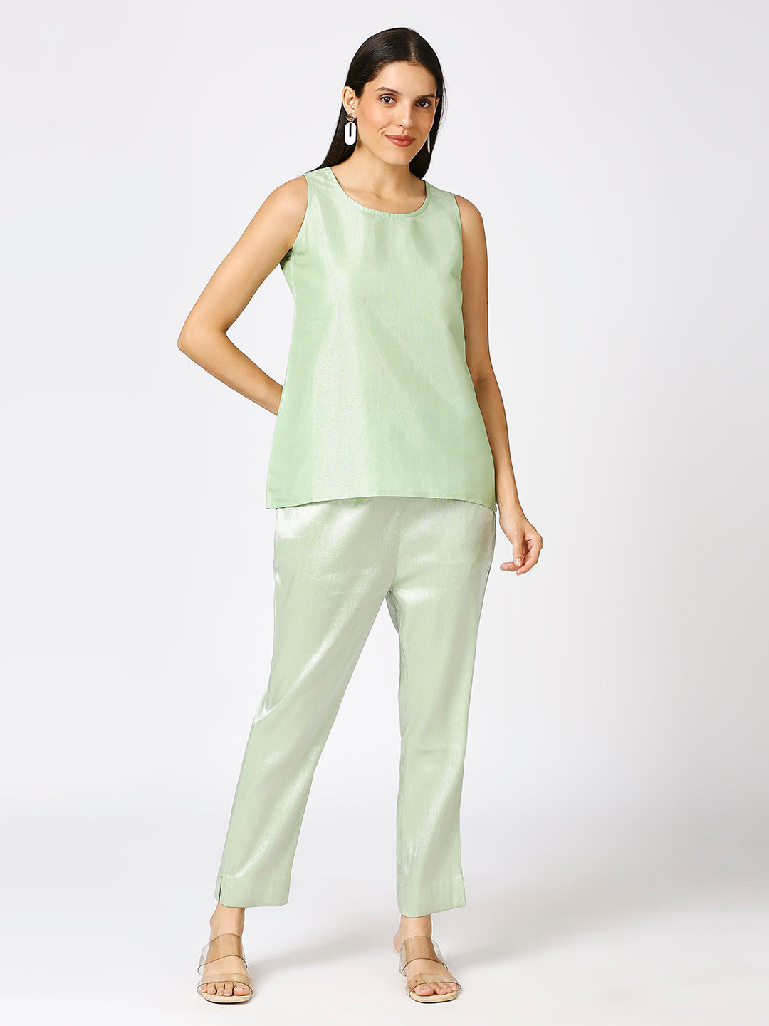 Green Silver Brocade Sleeveless Top