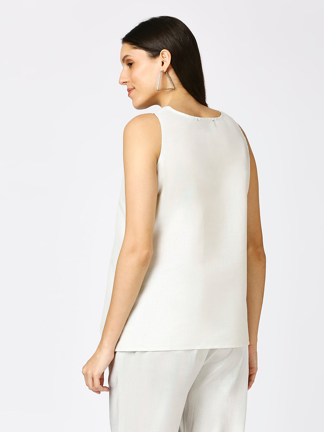 White Silver Brocade Sleeveless Top