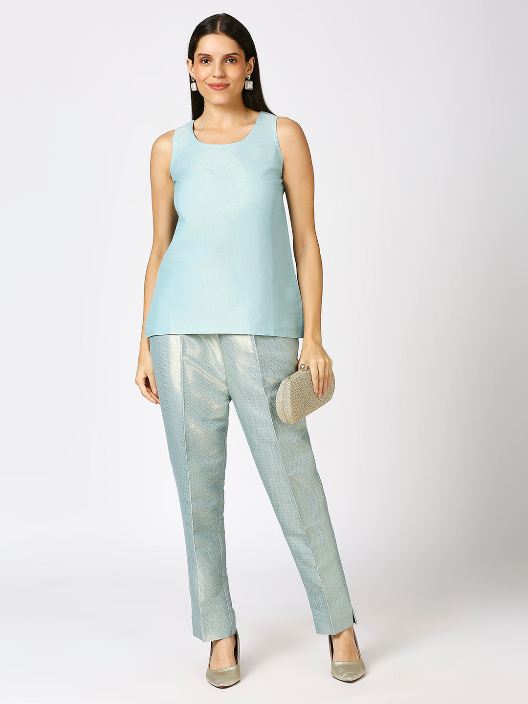 Aqua Gold Brocade Sleeveless Top