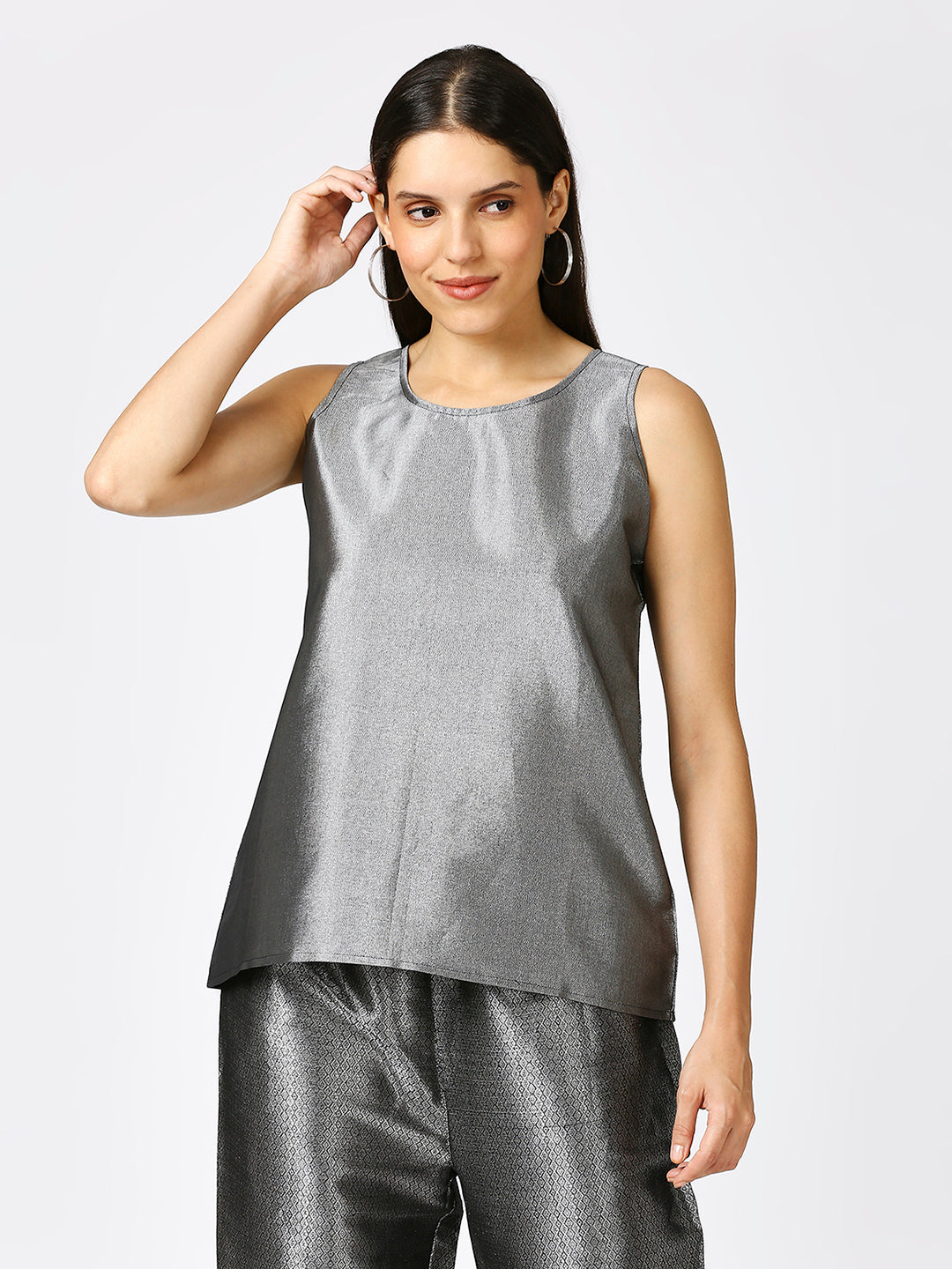 Black Silver Brocade Sleeveless Top
