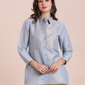 Solid Metallic Blue Shirt with Brocade Yolk