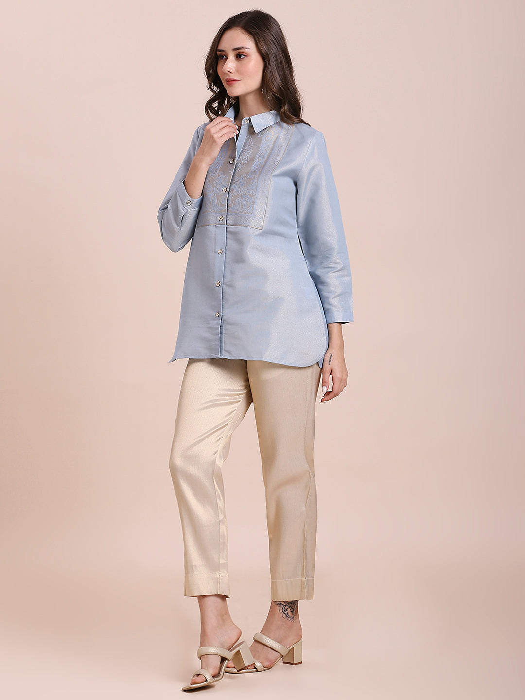 Solid Metallic Blue Shirt with Brocade Yolk