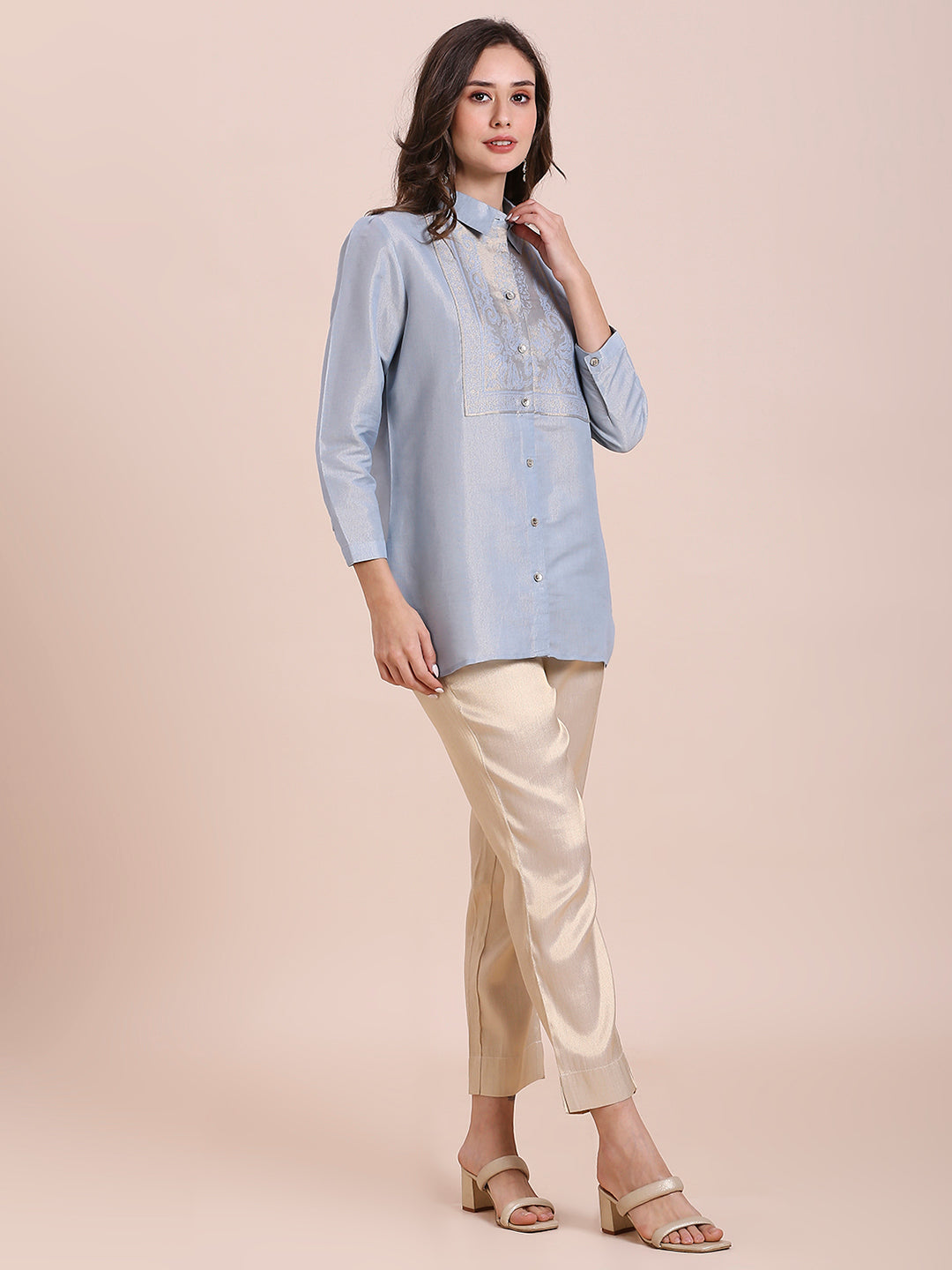 Blue Solid Metallic Shirt with Brocade Yolk