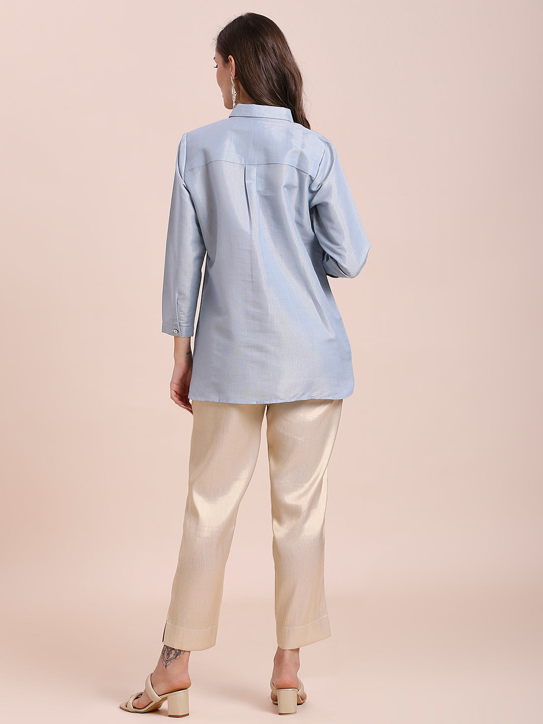 Blue Solid Metallic Shirt with Brocade Yolk