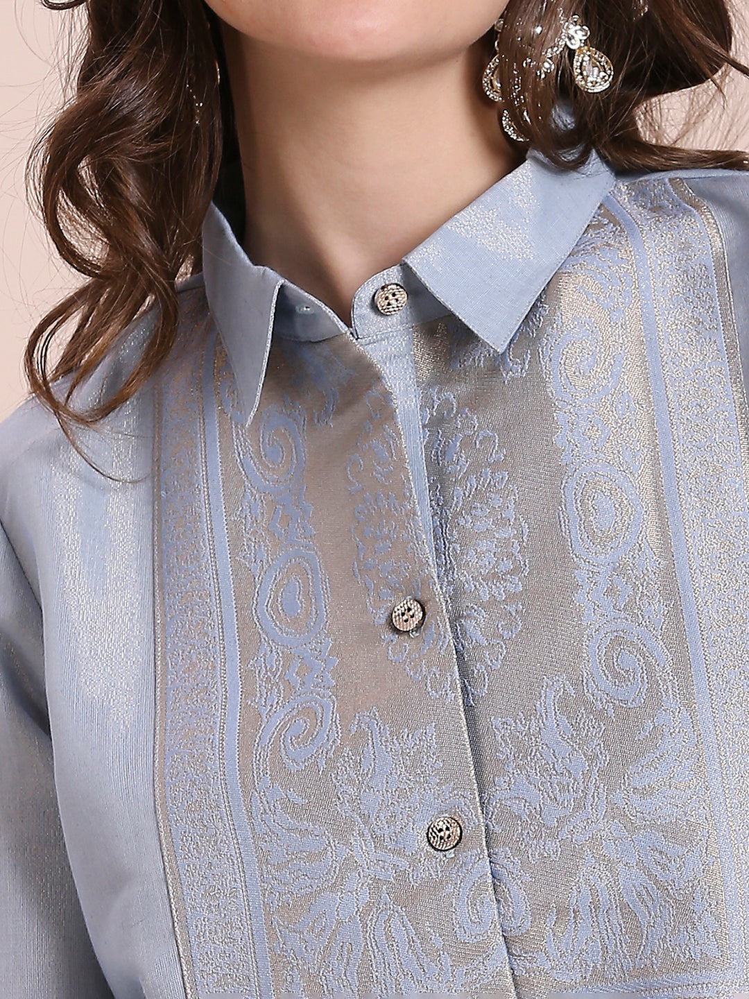 Blue Solid Metallic Shirt with Brocade Yolk