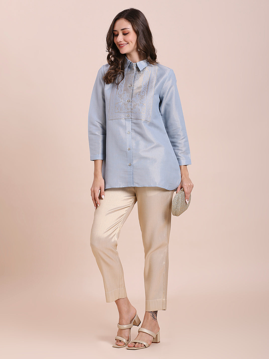 Blue Solid Metallic Shirt with Brocade Yolk