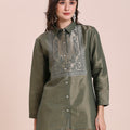 Solid Metallic Olive Shirt with Brocade Yolk