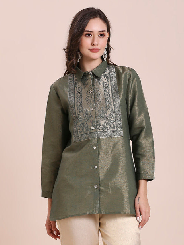 Solid Metallic Olive Shirt with Brocade Yolk