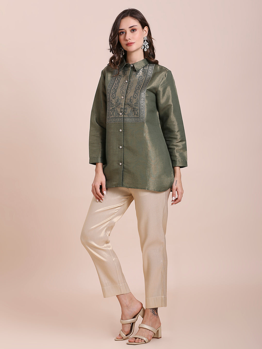 Olive Green Solid Metallic Shirt with Brocade Yolk