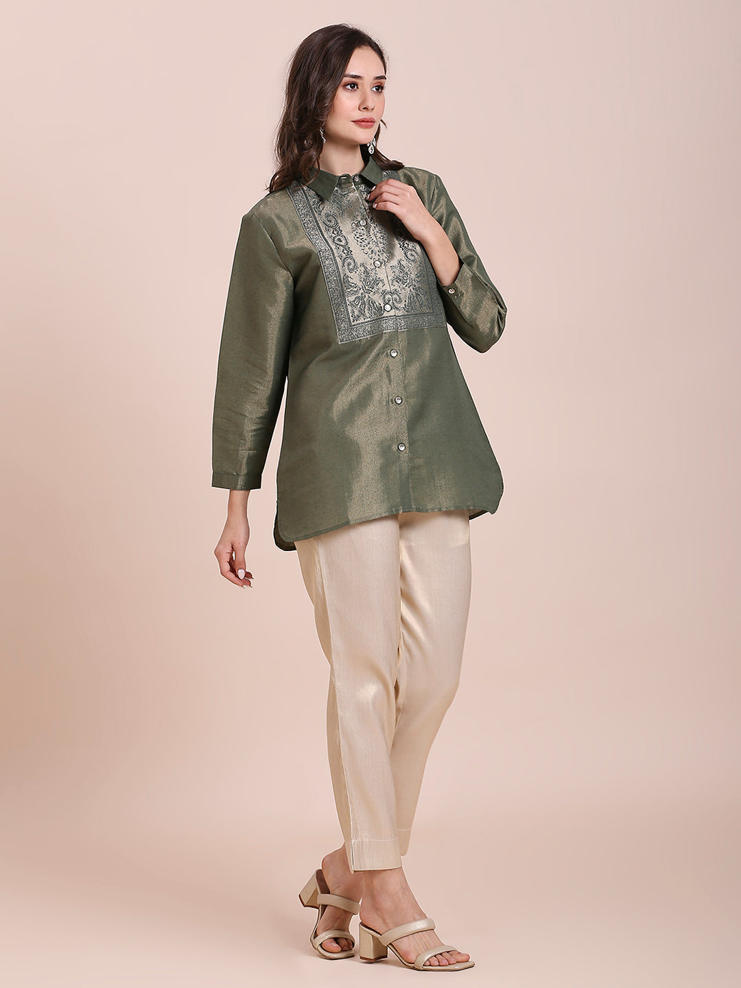 Olive Green Solid Metallic Shirt with Brocade Yolk