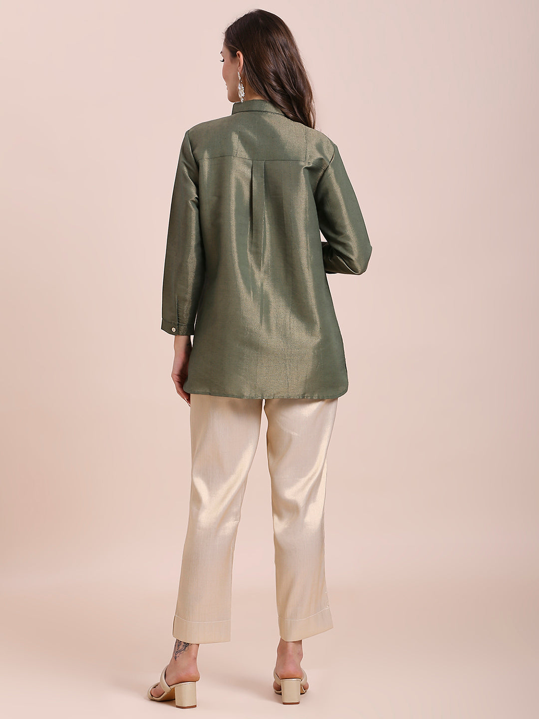 Olive Green Solid Metallic Shirt with Brocade Yolk