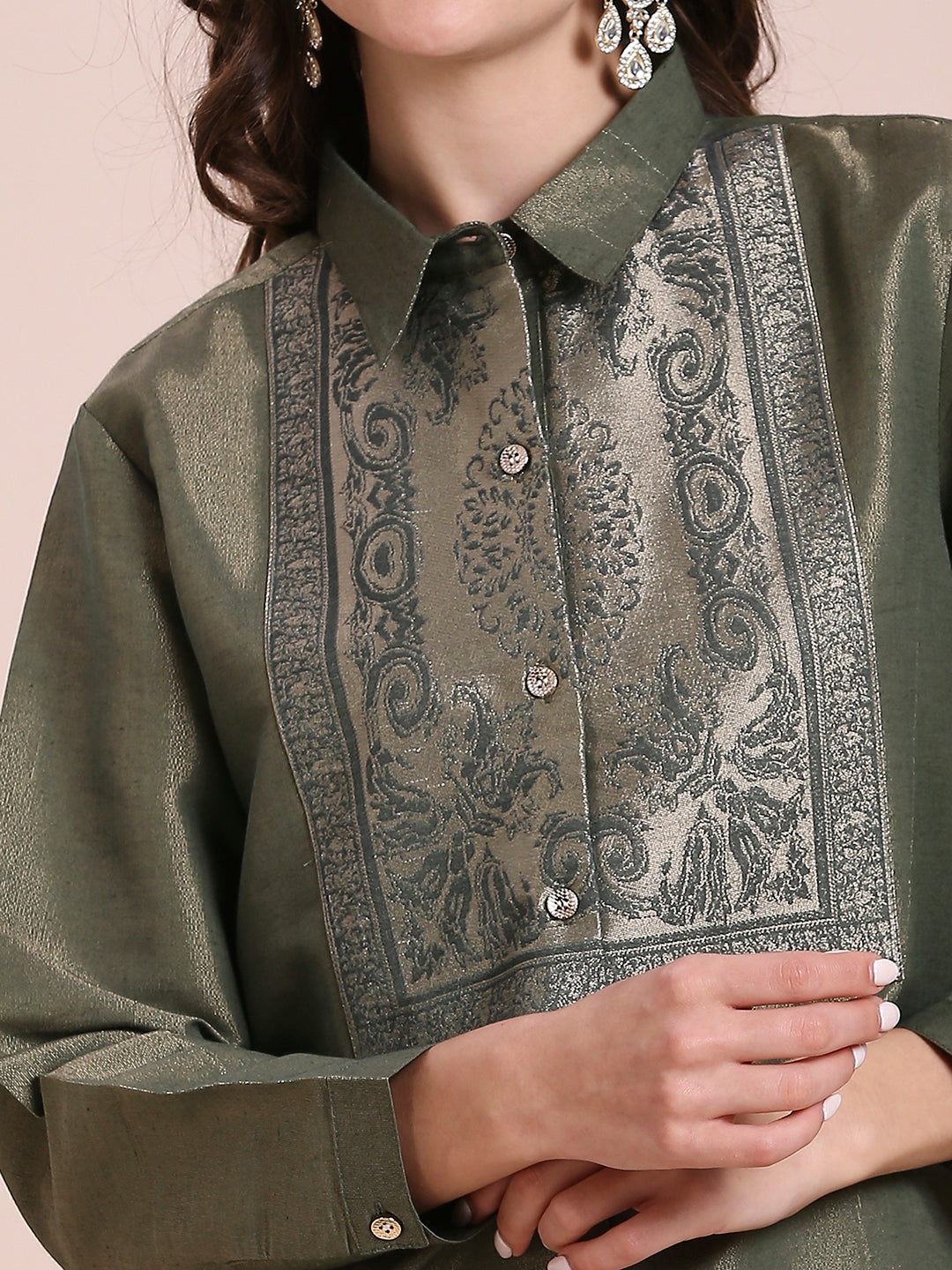 Olive Green Solid Metallic Shirt with Brocade Yolk