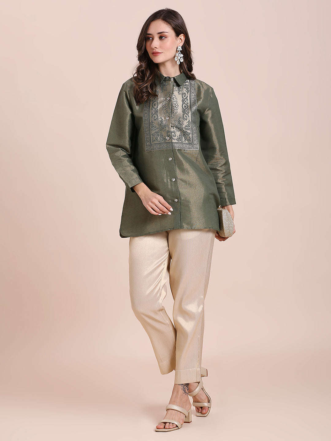 Olive Green Solid Metallic Shirt with Brocade Yolk