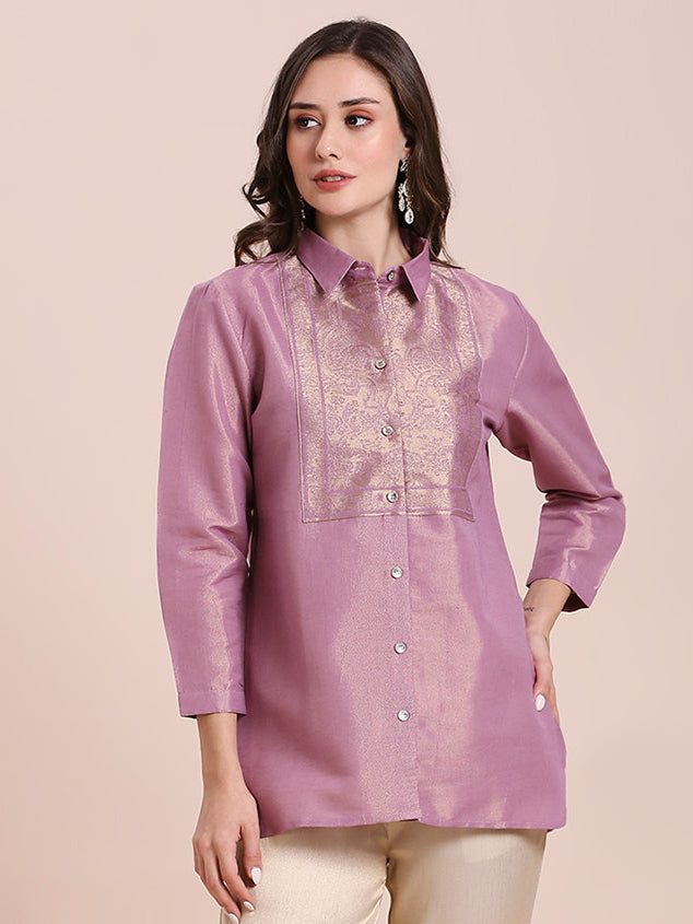 Solid Metallic Mauve Shirt with Brocade Yolk