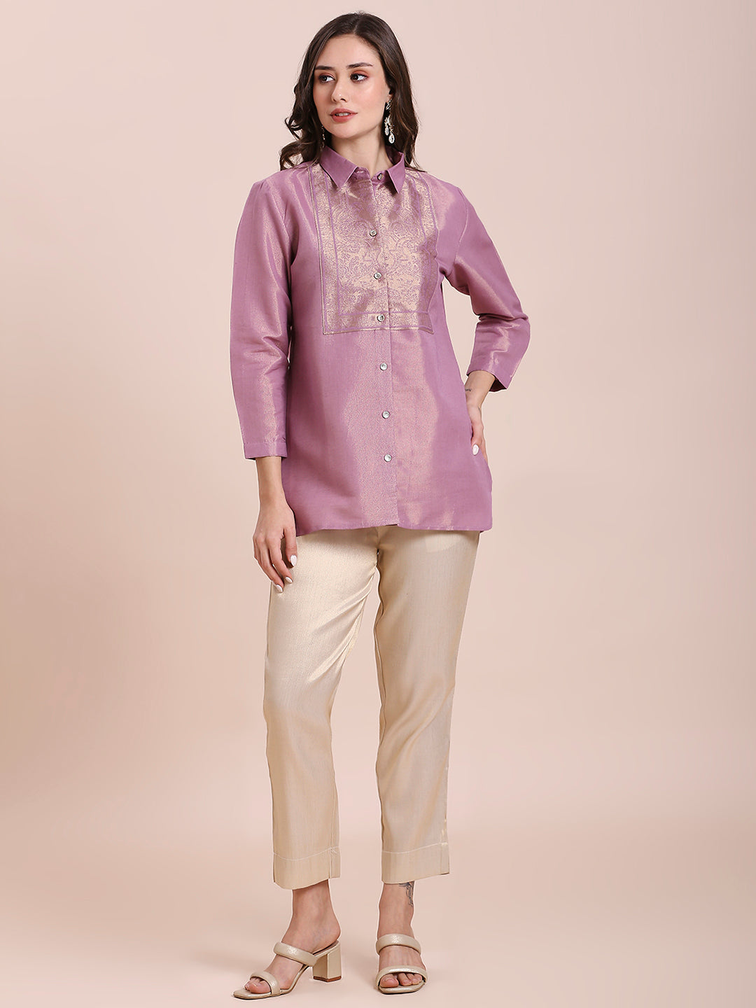 Mauve Solid Metallic Shirt with Brocade Yolk