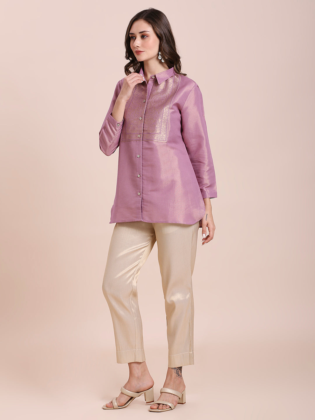 Mauve Solid Metallic Shirt with Brocade Yolk