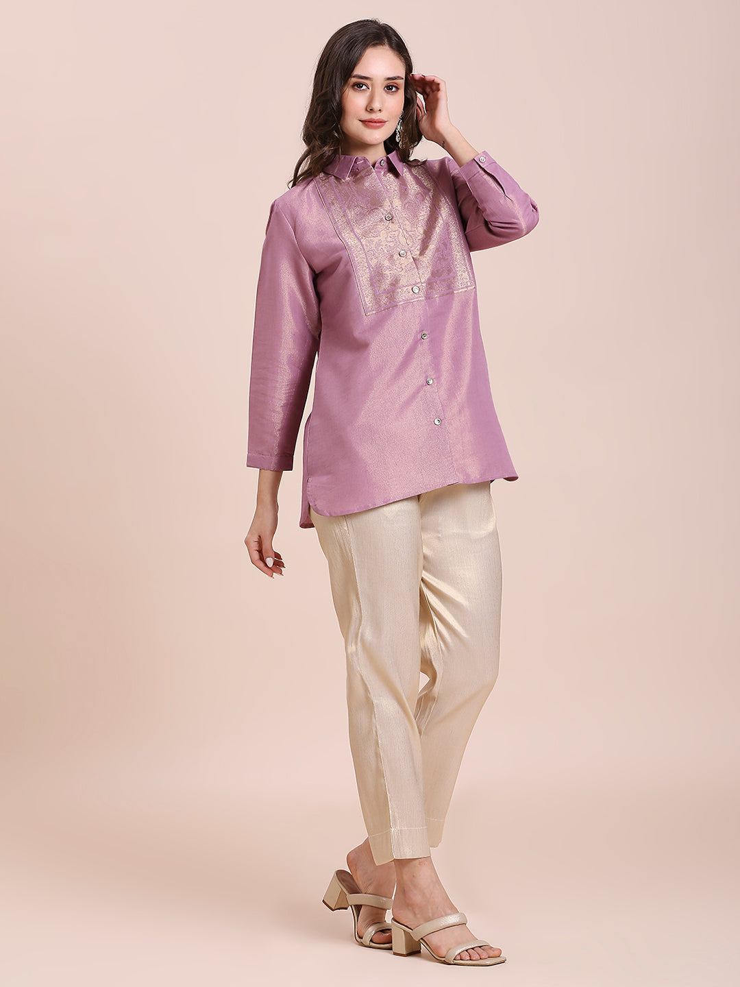 Mauve Solid Metallic Shirt with Brocade Yolk