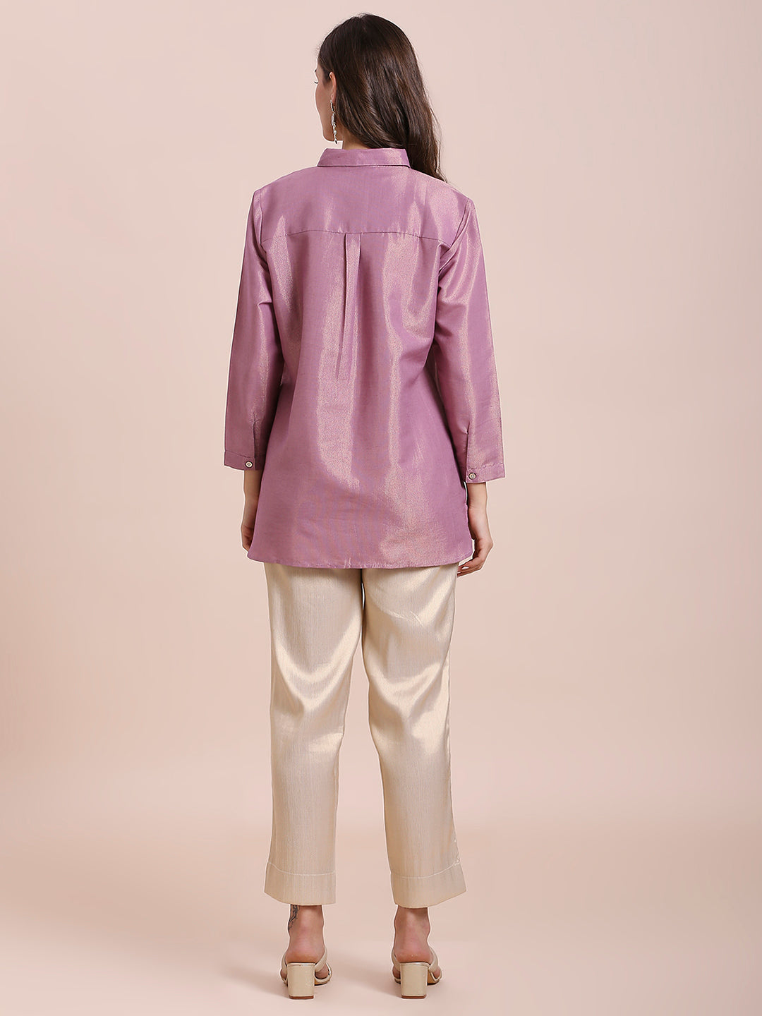 Mauve Solid Metallic Shirt with Brocade Yolk