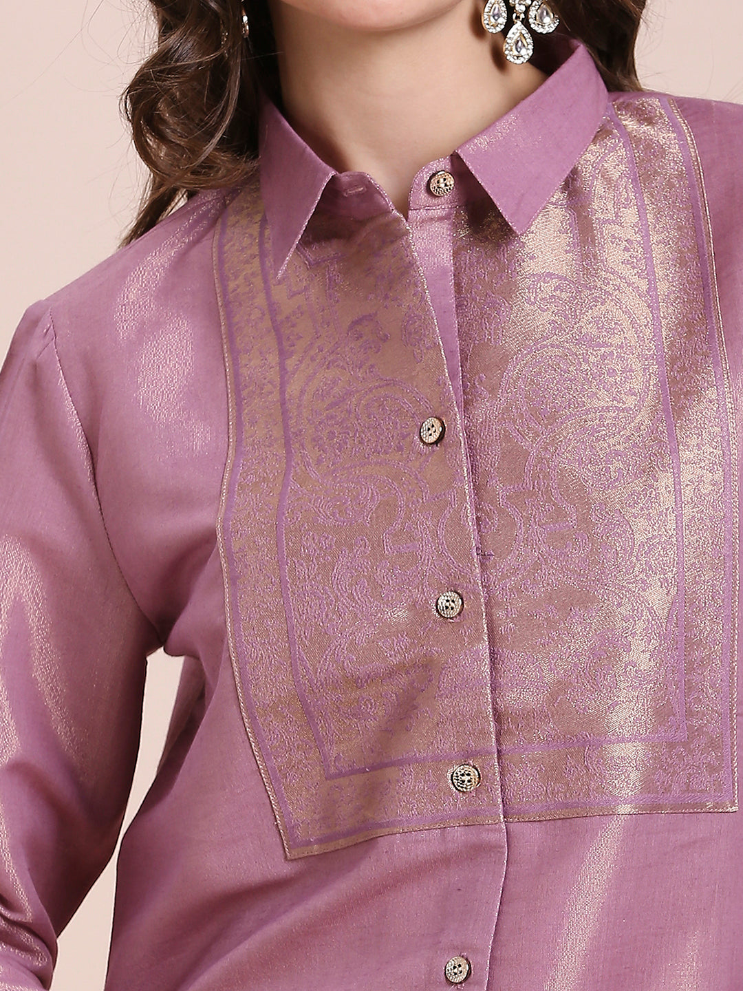 Mauve Solid Metallic Shirt with Brocade Yolk