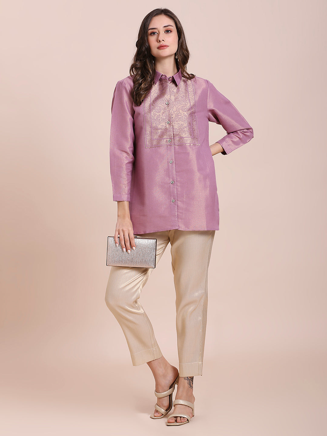 Solid Metallic Mauve Shirt with Brocade Yolk