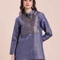 Solid Metallic Navy Shirt with Brocade Yolk