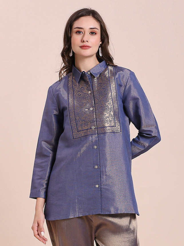 Solid Metallic Navy Shirt with Brocade Yolk