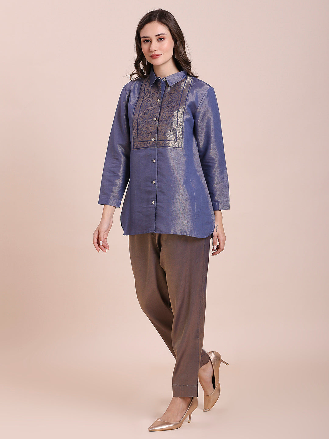 Solid Metallic Navy Shirt with Brocade Yolk