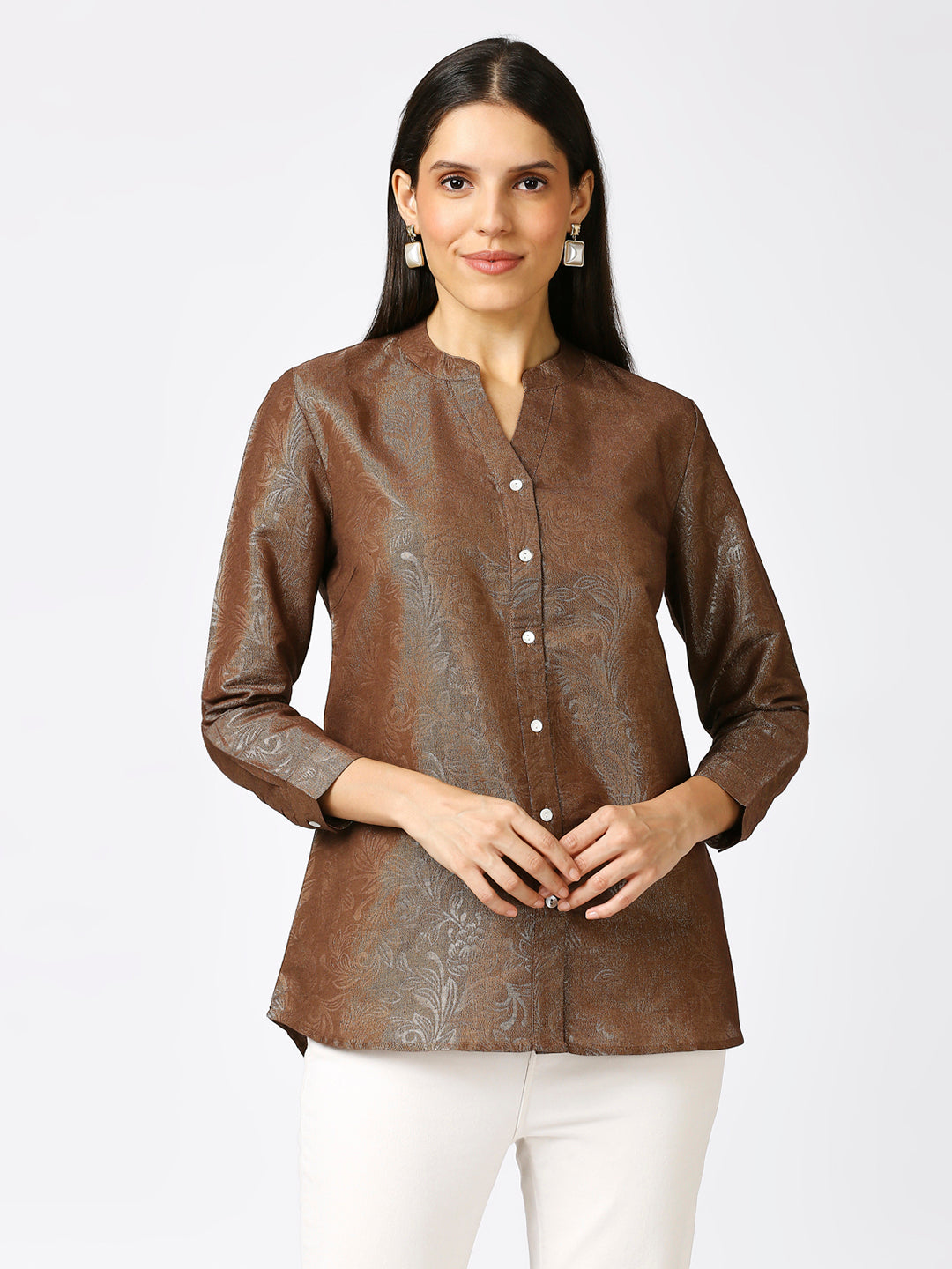 Brown Solid Gold Emboss Design Metallic Shirt