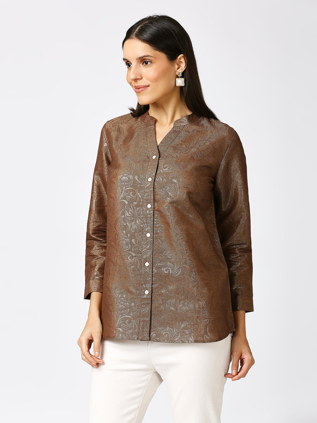 Brown Solid Gold Emboss Design Metallic Shirt