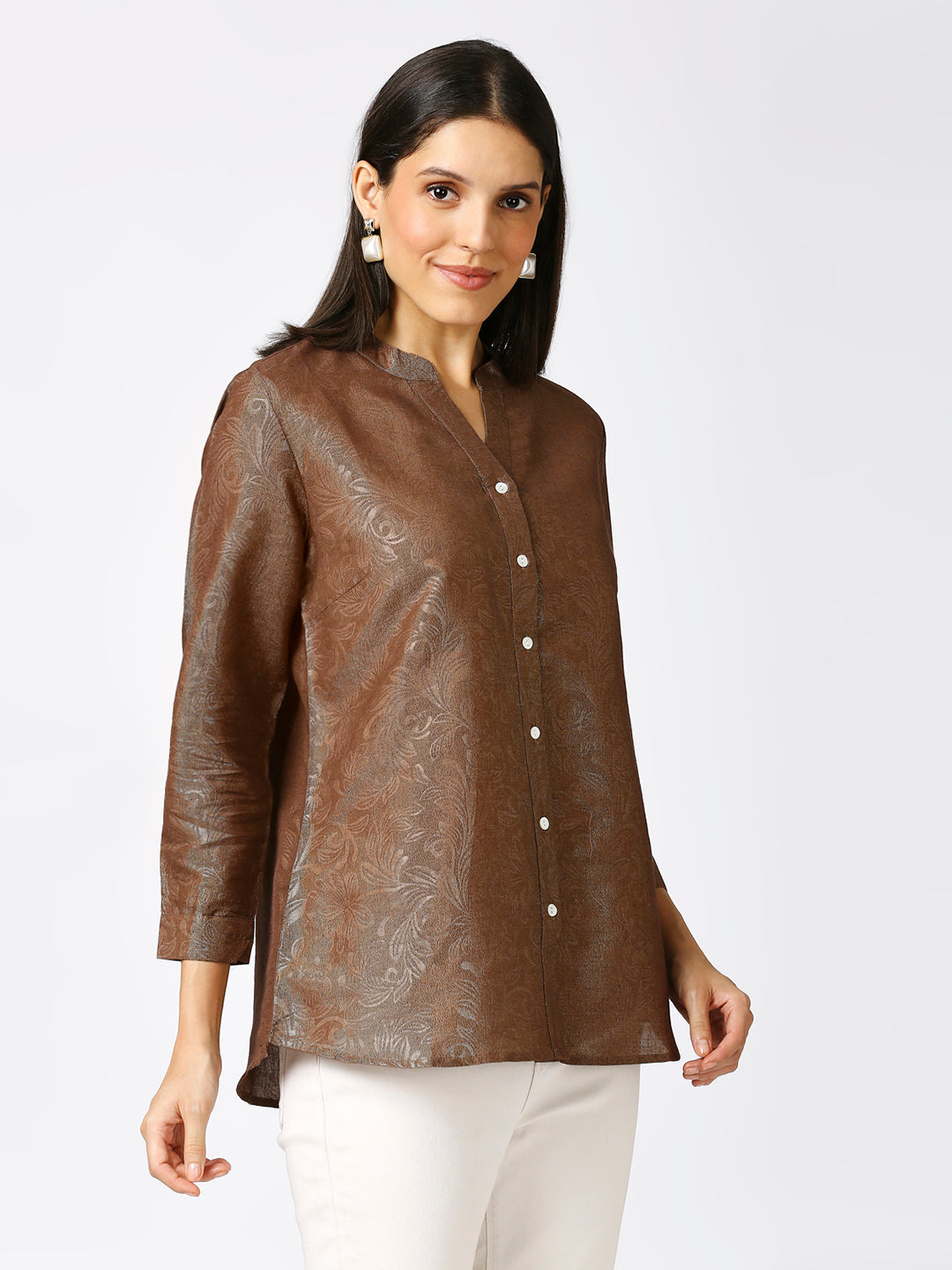 Brown Solid Gold Emboss Design Metallic Shirt