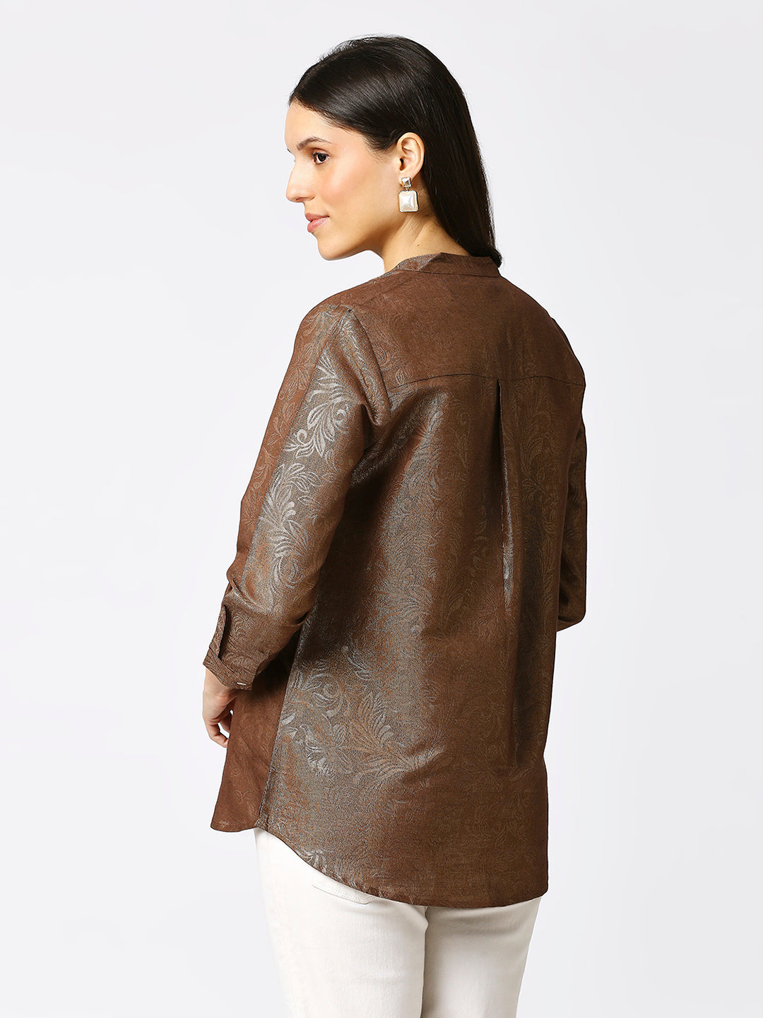 Brown Solid Gold Emboss Design Metallic Shirt