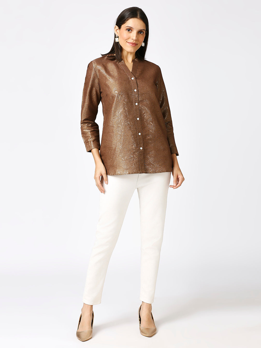 Brown Solid Gold Emboss Design Metallic Shirt