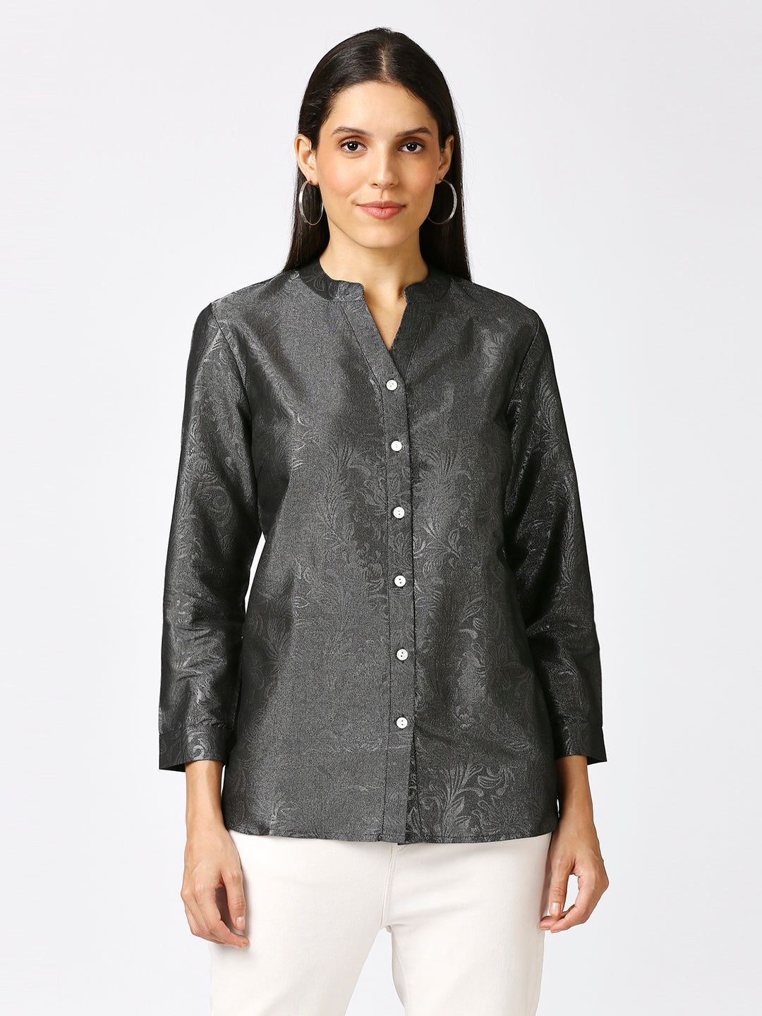 Black Solid Silver Emboss Design Metallic Shirt