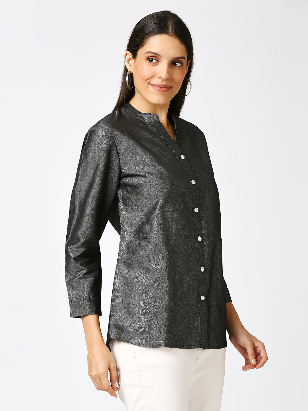 Black Solid Silver Emboss Design Metallic Shirt