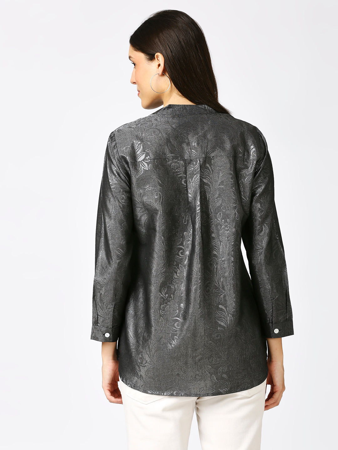 Black Solid Silver Emboss Design Metallic Shirt