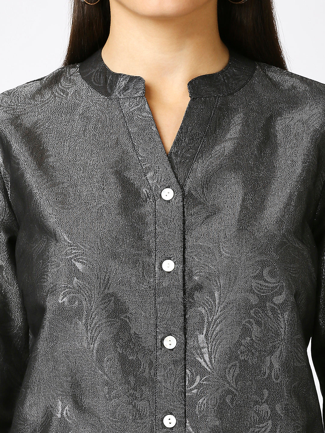 Black Solid Silver Emboss Design Metallic Shirt