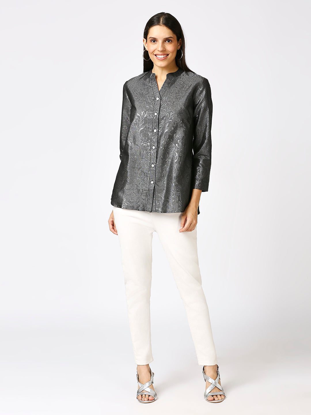 Black Solid Silver Emboss Design Metallic Shirt