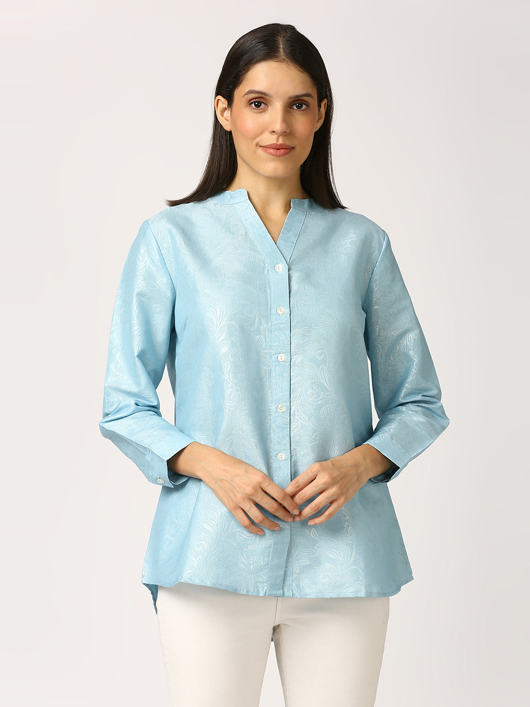 Ice Blue Solid Silver Emboss Design Metallic Shirt