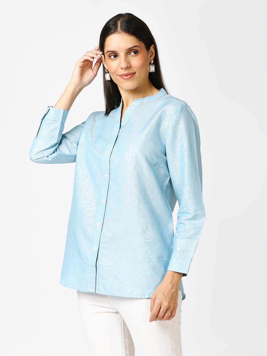 Ice Blue Solid Silver Emboss Design Metallic Shirt