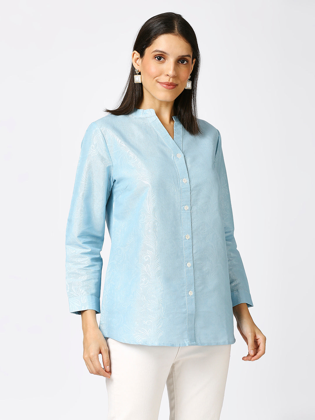 Ice Blue Solid Silver Emboss Design Metallic Shirt