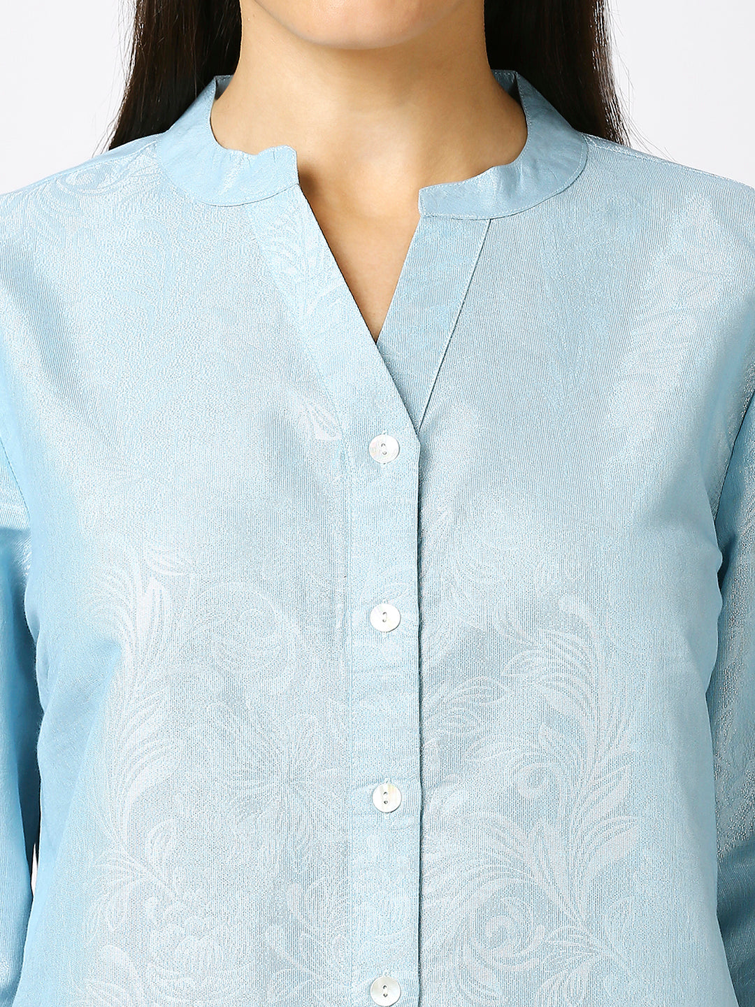 Ice Blue Solid Silver Emboss Design Metallic Shirt